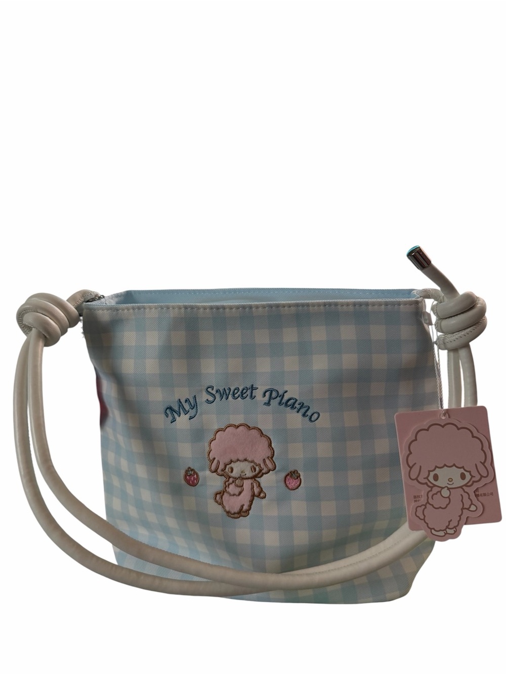 NWT Sanrio My Sweet Piano Blue Gingham Mini Shoulder Bag w/ Strawberry Charm - Picture 2 of 6